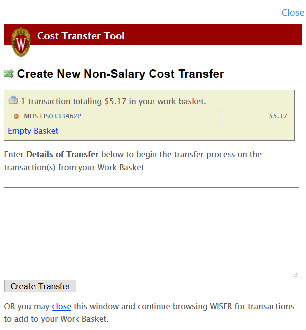 WISER - Cost Transfer Tool - Basket