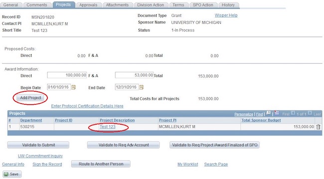 Projects Tab General Navigation Example