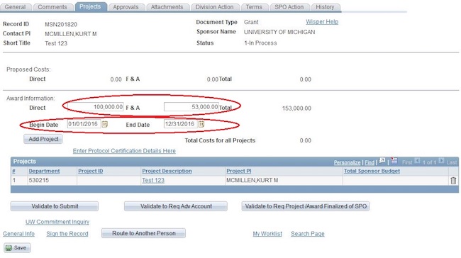 Projects Tab General Example